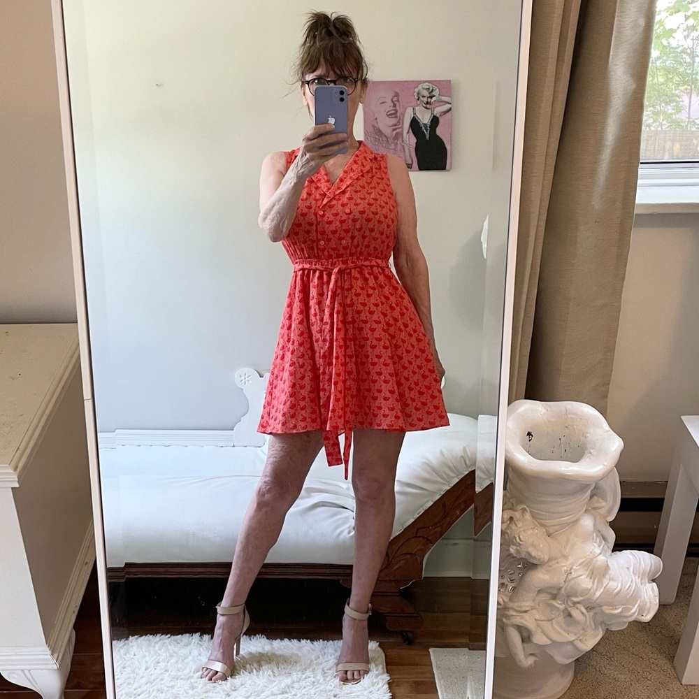 CORAL ORANGE  SLEEVELESS  DRESS RED FLAMINGOS LINED BUTTONS COLLAR TIE BELT